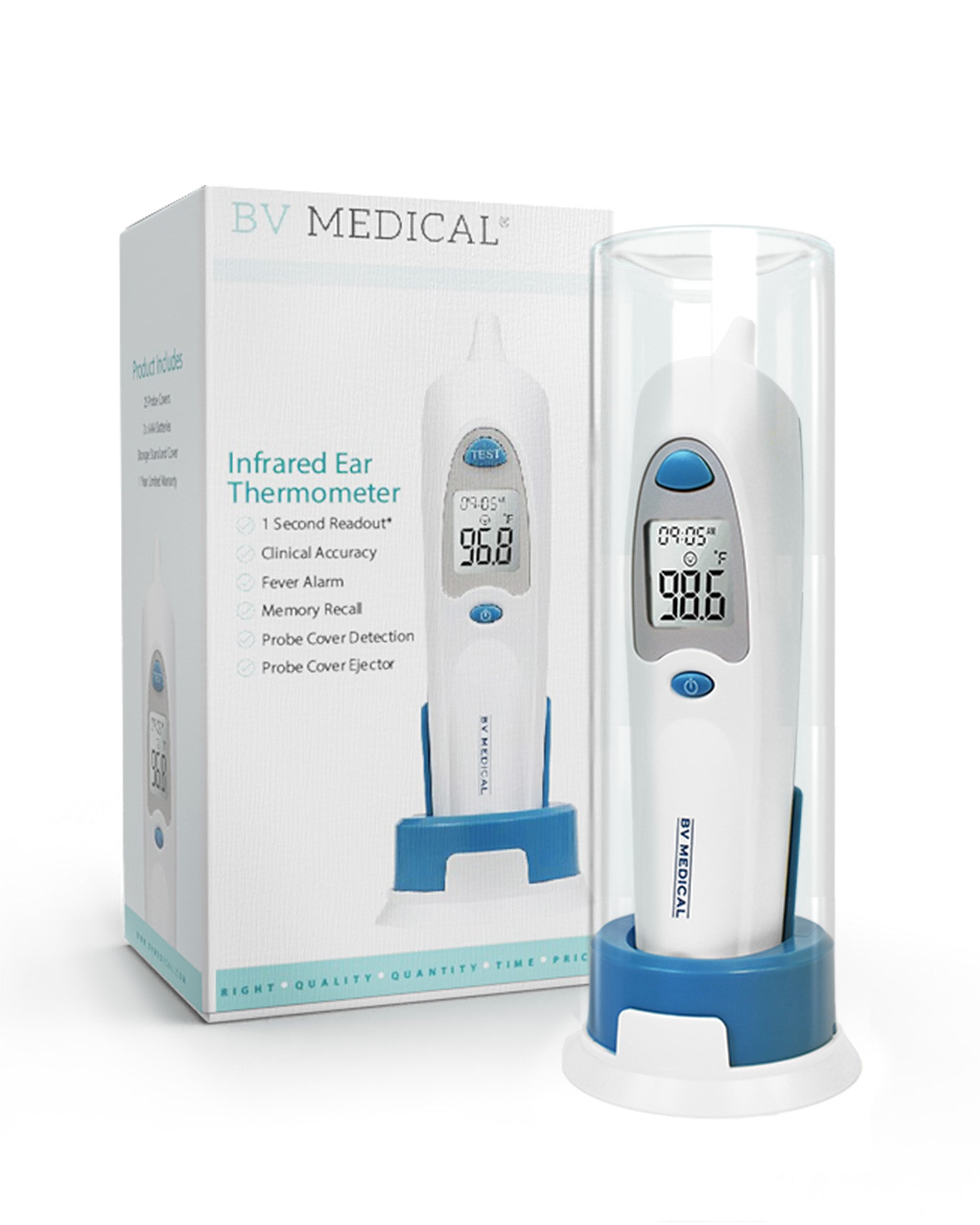 Product Includes: BV Medical Instant Ear Thermometer, 25 Probe Covers, Ear Thermometer Stand and Cover, 2 x AAA Batteries, and Instruction Manual