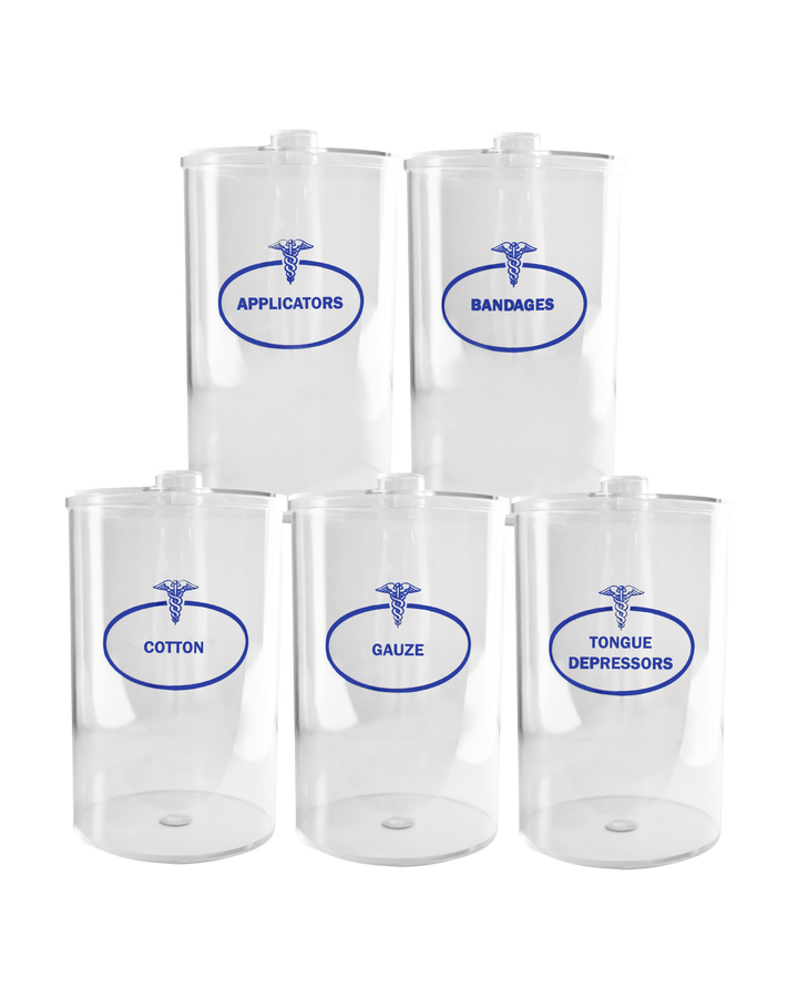 BV Medical Set Di 5 Barattoli Trasparenti In Plastica - Altezza 16,5 Cm, Diametro 10,2 Cm, Per Ufficio Medico, Dentale O Bagno